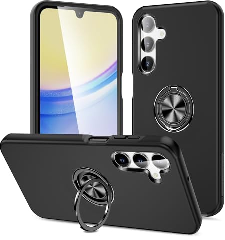 XYZNTMF for Samsung Galaxy S25 Case Built-in Ring Holder Shockproof Samsung S25 Phone Case Silicone Bumper Matte Hard PC Shell Magnetic Car Mount Protective Skin Cover, Black
