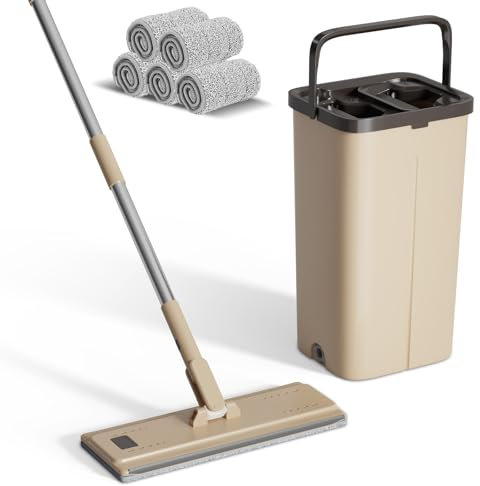 Eukue Juego de Fregona y Cubo, Trapeador de Piso Plano con Cubos de Función Escurridor, Mopa Fregona con Cubo Escurridor ,Mopa Plana Microfibra con 6 Almohadillas para Madera Dura Laminado, Beige