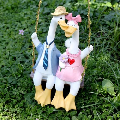 Advokingtap Paar Ente Schaukel Statue Gartendekoration Outdoor Harz Ornament Wetterfest Hängender Anhänger für Zaun Terrasse Hinterhof Baum Ast