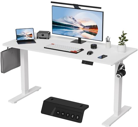 HOMAVO Höhenverstellbarer Schreibtisch 60x140cm,Elektrischer Schreibtisch mit Memory- und Anti-Kollisionsfunktion,Höhenverstellbar 70–117 cm, Ideal für Büro, Homeoffice und Gaming (Weiß)