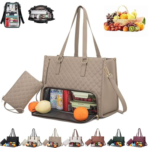 Usper Lunchtasche Damen, Lunch Tote Bag For Office, Handtasche Mit KüHlfach Lunch Tasche 2-In-1 Lunch Bag FüR Unterwegs Arbeit Schule BüRo (Khaki)