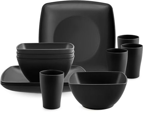 HOMGEN Juego de Platos y Tazones de Plástico de 12 Piezas- Juego de Vajilla Irrompible para Camping 4 Personas - Platos de Cocina Reutilizables, Juego de Cena Apto para Microondas y Lavavajillas