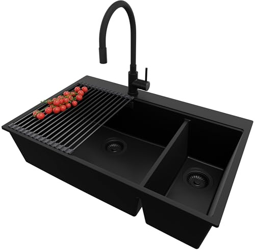 PRIMAGRAN Fregadero Granito al Mueble 80cm + Grifo, 78x50cm | Set: Grifo BW6020 + Kit de desagüe + Enrollable Escurridor + Oslo Duo Top 2 Senos para Cocina, Todo Negro