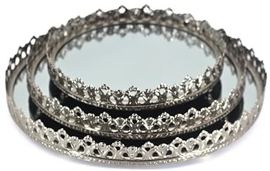 Lot de 3 plateaux décoratifs ronds avec miroir – Diamètre 20/25/30 cm – Couleur argent élégant – Idéal pour parfums, maquillage, bijoux
