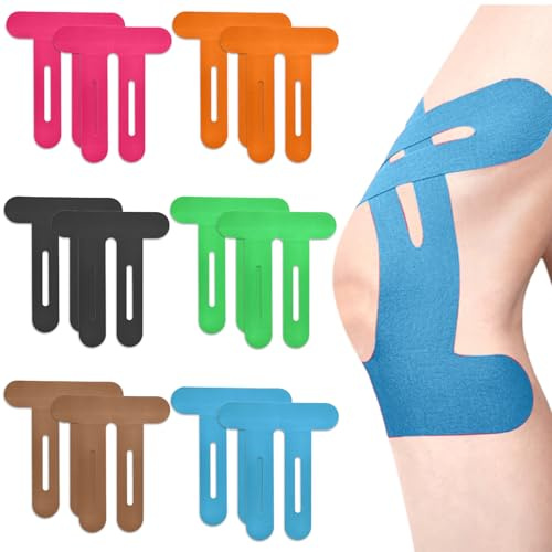 12 Stück Precut Kinesiotapes Knie, vorgeschnitten Kinesiologie Tape Sport Tapes Kinesiotape, wasserfest & Hautfreundlich Profi Physio Tape für Knieschmerzen Knie Haltungskorrektur (6 Farben)