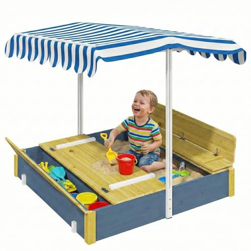 Kids Sandbox with Lid, Wooden Sand Box with Cover Adjustable Canopy, Storage,and Bottom Liner, for Backyard Outdoor Playgrounds Equipment Ages 4-8