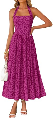 ZESICA Women's Summer Sleeveless Floral Maxi Dresses 2026 Halter Neck Wedding Guest Cocktail Party Flowy A Line Long Dress Eggplant Large