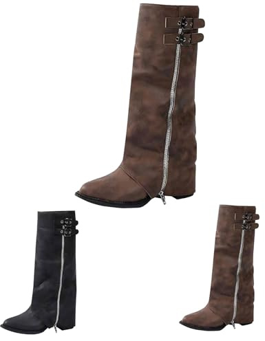 Kniehohe Faltstiefel für Damen, mit seitlichen Reißverschlüssen, spitzer Zehenbereich, Schnalle, Blockabsatz, Schlupfstiefel, Winter, rutschfest, Motorrad-Reitschuhe