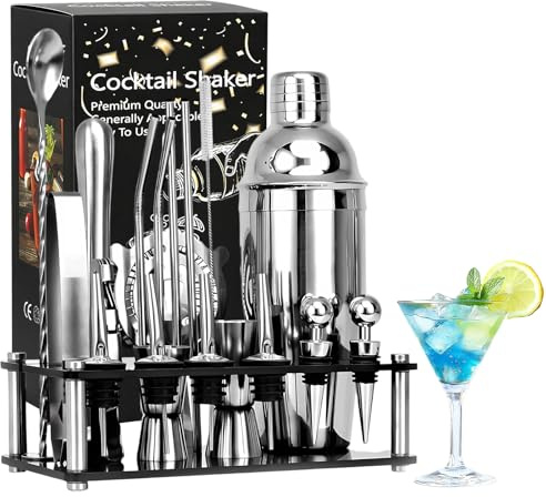 Juego de 20 cocteleras de acero inoxidable, coctelera de acero inoxidable de 750 ml con medidor doble, soporte de exhibición, juego de cóctel de camarero para el hogar, bar, fiesta y regalo