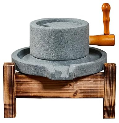 Grain Mill Grinder, Manual Stone Mill for Flour, Natural Granite with Wood Frame, Traditional Grinding Tool for Dry and Wet Grains
