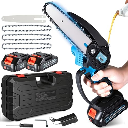 Olubfdh Mini Motosega con Batteria da 4000mAh, Motosega Elettrica Mini da 6 Pollici con Oliatore Automatico e 2 × 2000mAh Batteria, Motosega a Batteria per Potature e Taglio del Legno (Blu)