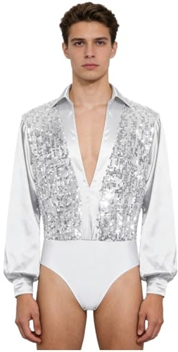 dPois Uomo Camicia Body da Ballo Latino Americano Tango Maniche Lunghe Balletto Leotards con Paillettes Body Ginnastica Ritmica Danza Classica Moderna Dancewear Bianco XXL