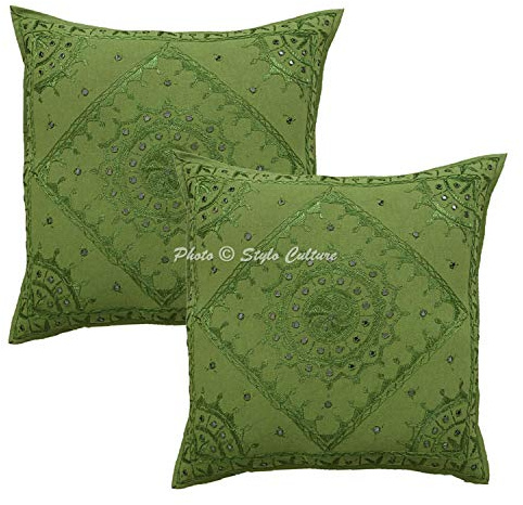 Stylo Culture Ethnico Funda Almohadon Decorativos 60x60 cm Algodón Espejado Fundas para Almohadones Cama Verde Loro 24x24 Inch Bordado Cuadrado sobre Fundas De Cojines De Sofa - 2 Pcs