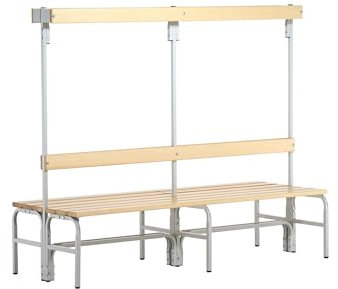 System-Umkleidebank Holz/Stahl, Typ C, lichtgrau, LxBxH cm: 200x72,5x165, Doppelseitig, mit Rückenlehne mit Hakenlehne