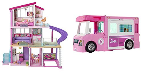 Barbie GNH53 Traumvilla Dreamhouse Adventures Puppenhaus mit 3 Etagen, 8 Zimmer & GHL93-3-in-1 Super Abenteuer-Camper, ca. 91 cm, umwandelbarer Camper für Puppen mit Pool