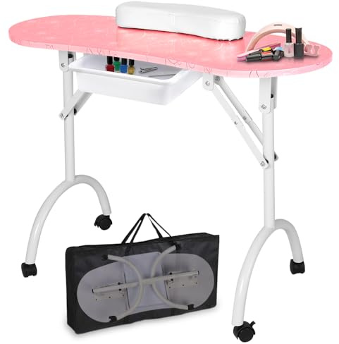 LEIBOU Professionellt 8 cm L bärbar och vikbar manikyrbord, nageltekniker, skrivbord, arbetsstation manikyrbord med rullande hjul, låda, svamp, gratis bärväska (rosa mönster)