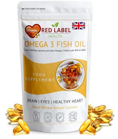 Red Label Health Omega 3 Fish Oil 1000mg, Pack of 60 Soft Gel Capsules (2 Months Supply), Double Strength 180mg EPA and 120mg DHA, Supports Eye, Heart & Brain Health for Men & Women - UK Made