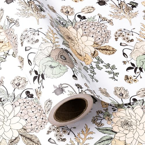 WRAPAHOLIC Geschenkpapier mit Blumenmuster, Mini-Rolle, 43,2 x 94,4 m, Vintage-Blumenmuster, gedruckt auf weißem Perlglanzpapier, für Hochzeit, Geburtstag, Muttertag, Party