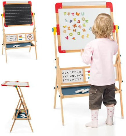 COSTWAY 3 in 1 Kinderstaffelei 360°drehbar, stehende Holzstaffelei mit doppelseitigem Zeichenbrett, Kindertafel aus Kiefernholz mit Ablage, Papierrolle, Abakus, Uhr & Alphabet für Kinder ab 3 Jahren