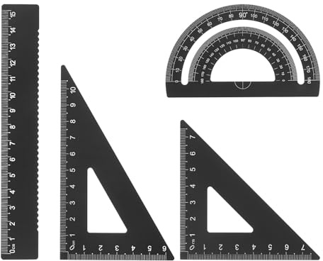 sourcing map 4Stk Geometrie Set 15cm Metrische Maßnahme Lasergravur Aluminum Lineal Metall Lineal Set Dreieck Winkelmesser Lineal Werkzeug Set für Klassenzimmer Büro Hause Schwarz
