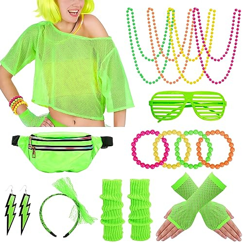 Aottom 80er 90er Jahre Outfit Damen, Netzshirt 18 tlg. Kostüm Zubehör Set | Accessoires Retro,Gürteltasche,Netzhandschuhe,Stirnband,Beinstulpen,Halskette,Armband,Ohrring,Brille,für Karneval Party