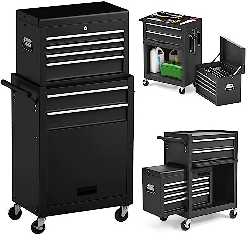 S AFSTAR 6-Drawer Rolling Tool Chest, High Capacity Tool Storage Cabinet with 4 Hooks, Locking System and Universal Wheels, 2-in-1 Detachable Large Toolbox for Garage Workshop (Black)