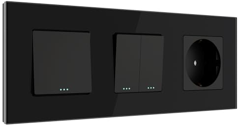 PULSAR Wechselschalter/Serienschalter/Steckdose 3 Fach Unterputz Schwarz Glas - Wechsel-Schalter/Ein-Ausschalter Doppelt/Wandsteckdose 10A/16A 250V