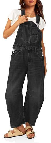 PLNOTME Womens Denim Bib Overalls Barrel Leg Adjustable Strap Jean Pants Jumpsuits with Pockets