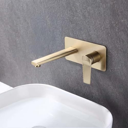 BiaoTeng Bathroom Sink Basin 2 Tap Holes Wall Mounted Hot and Cold Single Handle Concealed Bathroom Tap Brass Concealed Basin Taps Brushed Gold