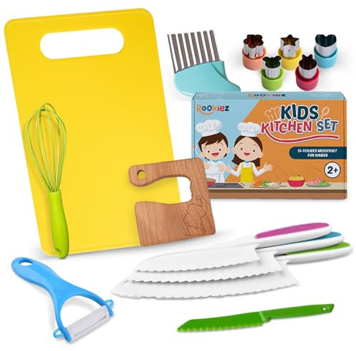 Rookiez - Kindermesser 15-teiliges - Kinderküche Sicherheit Küchenmesser zum schneiden von Gemüse und Obst - Kinderküche Zubehör - Montessori Spielzeug – Geschenk 2 Jahre Junge und Mädchen