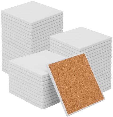 kukmakri 48 PCS Square Blank Ceramic Coasters - 4 x 4 Inch Unglazed Ceramic Coasters with Cork Backing Pads, Artistic Tile Coasters for DIY, Mosaics, & Crafts