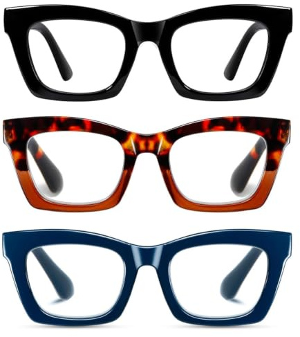 Hubeye Gafas de lectura para Mujeres de Moda Anteojos de lectura con Bisagra de resorte ultraligeras anti luz azul (Negro+Rayas+Azul, 1.50)