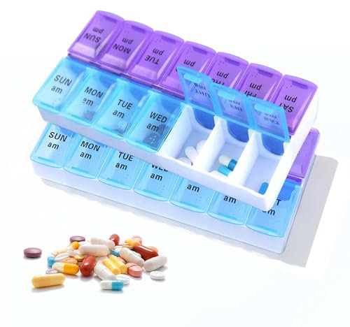 TIANLIN 2 Stück Pillenbox 7 Tage 2 Fächer, Tablettenbox 7 Tage Morgens Abends mit Englischen Aufforderungen, Pillendose Klein zur Aufbewahrung Pillen, Vitaminen, Fischöl