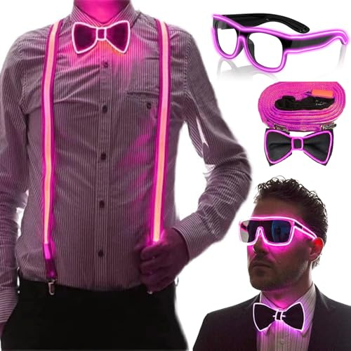 YeahBoom Leuchtende Herren-LED-Hosenträger und Fliege, LED-Leucht-Hosenträger, Verdrahtet Neon Rave Brille, für Musik Festival, Weihnachten, Neon-leuchtendes dunkle Party Supplies für Party deko
