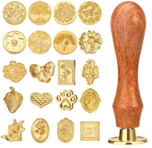 Draupnir Wax Seal Stamp Kit, 21pcs Vintage Classic Sealing Wax Stamp Heads with Wooden Handle, Gold, Ideal for Wedding, Party Invitations, Gift Wrapping