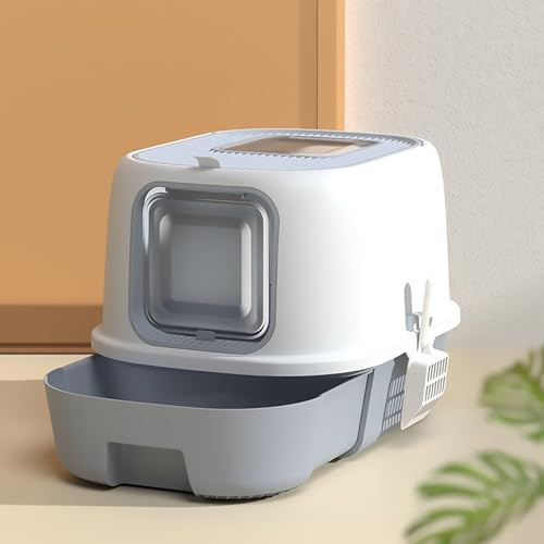 Caja de arena para mascotas de gran capacidad, caja de arena para gatos totalmente cerrada, inodoro para gatos, diseño de cubierta abatible, a prueba de salpicaduras