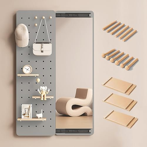 XRRJFYH Panneau Perforé Mural avec Miroir Pleine Longueur Invisible, Pegboard Bois Rangement Outils Mural Porte Outils Mural Panneau Porte Outils(Gray,140x40cm/55x16in)