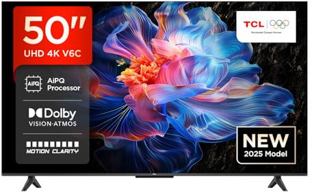 TCL 50V6C 50” Direct LED Smart TV, 12K HDR, Powered by Google TV (Dolby Audio, Motion Clarity, Compatible with Google Assistant & Alexa)