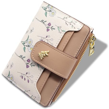 LJCZKA Klein Geldbörse Damen, Bifold Leder Geldbeutel Niedlich Blume Portemonnaie Kurz Portmonee Brieftasche mit Reißverschluss Münzfach, Kartenfächer (Khaki)