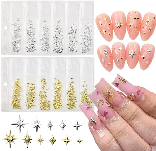 Hebterrka 3D Nail Charm Set avec 400 Strass Étoiles, Design Or Argent pour Nail Art, Facile à Appliquer et Sain pour Tous Types d'Ongles