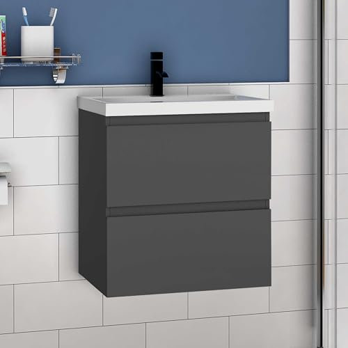 Mobile da bagno moderno grigio lucido con lavabo a 2 cassetti e lavello in ceramica 600 mm