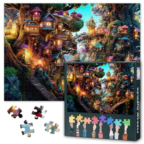 Fantasy Houses in The Forest Puzzles 1000 Stück Für Erwachsene Baumhaus Puzzle Für Erwachsene Wald Puzzles Für Heimdekoration Puzzle Geschenke Für Familie Freunde 70cmx50cm