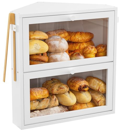WOWLIVE Corner Bread Box for Kitchen Countertop, Large Double Layer Bread Storage Container for Homemade Bread, Black Bread Holder for Kitchen Counter, Under Cabinet Organizer (White, Extra Large)