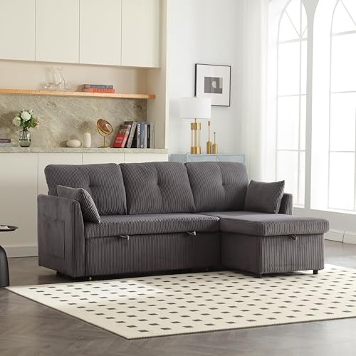 MURUL Divano Letto Multifunzionale con Contenitore e Letto Estraibile, Divano Chaise Longue Intercambiabile, Divano Sezionale con Sedili Contenitori, Divano Angolare Modulare per Soggiorno (Grigio