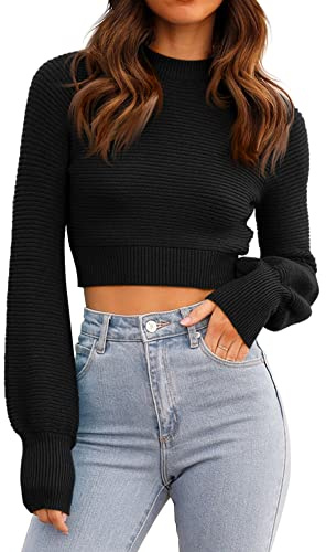 Saodimallsu Womens Sexy Crew Neck Pullover Long Sleeve Cropped Sweaters Ribbed Knit Crop Tops,Black,S