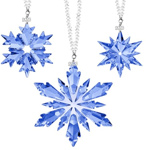 Lanpn 3 Pcs 2025 Crystal Christmas Ornaments, Annual Crystal Glass Snowflakes Xmas Decoration, Christmas Snowflake Star Keepsake Gift for Family Friends, Winter Holiday Shiny Suncatcher, Blue