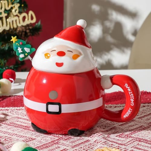 MAGICVOGEL Weihnachtstasse Cartoon Weihnachtsmann Kaffeetasse Porzellan Kaffeebecher mit Deckel und Löffel Teetasse Weihnachtsbecher Geschenk für Weihnachten Neujahr Geburtstag (Rot)