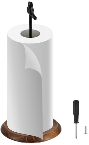 Standing Kitchen Roll Holder, Paper Towel Holder Countertop, Stable Natual Wooden Base with Sturdy Iron Bracket for Kitchen and Bathroom Standard and Large Size Rolls Organization and Storage