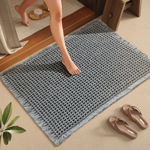 Waffle Bath Mat Non Slip Anti Mould, 50*80 cm Super Absorbent Bathroom Mat, Quick Dry Bathroom Rug Machine Washable Rubber Backed Bath Rugs for Living Room Bathroom Doormat (Gray, 50*80 cm)