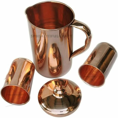 HRS India - Brocca per acqua in puro rame, 1500 ml, con 2 bicchieri in rame da 300 ml, per conservare l'acqua liscia, benefici per la salute dell'Ayurveda
